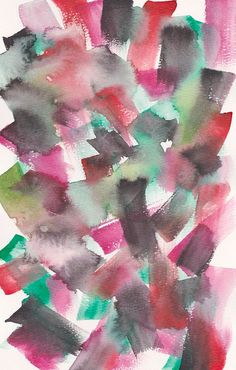 an abstract painting with lots of different colors on white paper, including pink and green