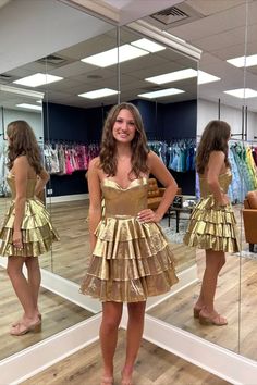 Gold Metallic Ruffle Short Homecoming Dress 2024 Fall Ball, Winter Formal Dresses, Junior Prom Dresses, Winter Formal, A Line Shorts, Short Homecoming Dress, Sweet 16 Dresses, Pageant Dress, Ruffle Shorts