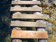 a wooden bridge over water with rocks and algae growing on the ground next to it