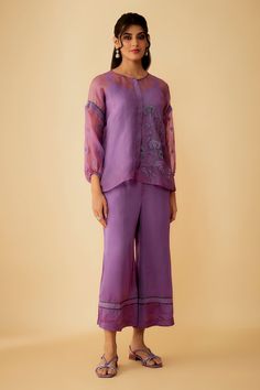 Lavender organza shirt with floral applique and green cutdana embroidery. Comes with pant and an inner. - Aza Fashions Organza Applique, Cutdana Embroidery, Jayanti Reddy, Organza Shirt, Shirt Pant, Rohit Bal, Tarun Tahiliani, Shirt Pant Set, Floral Applique