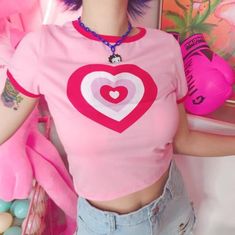 Free Shipping - Pastel Pink Heart Top sold by Littlepinko on Storenvy Powerpuff Kızları, Girls Crop Tops, Pink Y2k, Pink Crop Top, Mori Girl, Harajuku Fashion, Love T Shirt, Powerpuff Girls, Pink Love