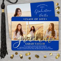 graduation party photo card with gold confetti and tassels on the side