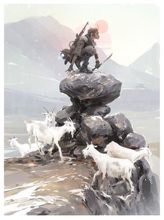 a painting of a man on top of rocks with goats