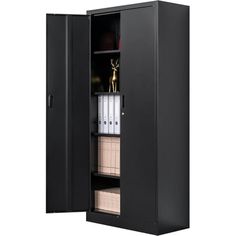 a black storage cabinet filled with files and binders