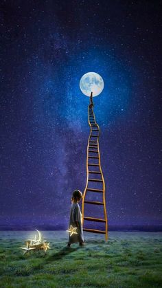 a man standing on top of a ladder in the grass under a sky full of stars