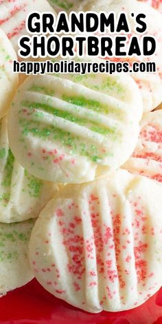 white and green shortbread cookies with sprinkles on top, in front of the caption grandma's shortbread