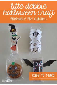 three halloween crafts made out of toilet paper and candy wrappers, with text overlay that says little debibie halloween crafts printable ppf cutouts easy to make