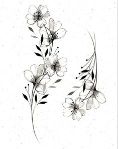 an ink drawing of flowers on a white background