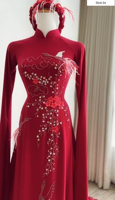 Beaded Feathers Red Traditional Vietnamese Wedding Ao Dai With Watteau Sleeves and Train Various Styles - Etsy Vietnam Vietnamese Wedding Ao Dai, Traditional Vietnamese Wedding, Wedding Ao Dai, Beaded Feathers, Ao Dai Vietnam, Vietnamese Wedding, Bridal Gowns, Feathers, Designer Dresses