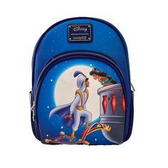 a blue backpack with a cartoon character on it