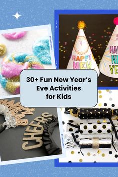 new year's eve activities for kids with party hats and confetti on them