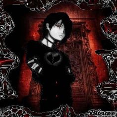 an anime character holding a heart in front of a red and black background with chains around it