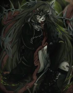 an anime character with long hair sitting on the ground