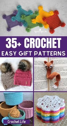 crochet patterns for hats and scarves are featured in the book 35 + crochet easy gift patterns