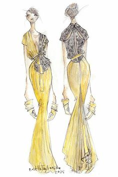 a drawing of two women in yellow dresses