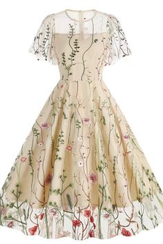 Apricot 1950s Floral Embroidery Vintage Dress 1950 Vintage Dresses, Vintage Tea Dress, Vintage Wedding Party, Floral Embroidery Dress, Midi Dress Elegant, Mesh Midi Dress, Tulle Evening Dress, Vintage 1950s Dresses, Round Neck Dresses