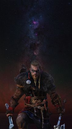 an image of a man holding two swords in front of the night sky with stars