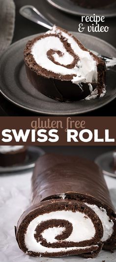 a chocolate roll with white frosting is cut in half and placed on a plate