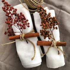 three napkins tied together with twine and some berries on the top, sitting next to each other