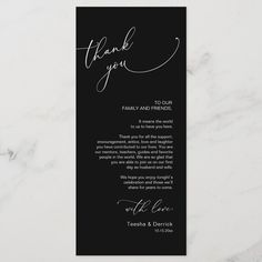 a black and white thank card with the words, thank you to our family and friends