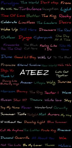 a poster with different types of writing on it's back side, including the words ateez