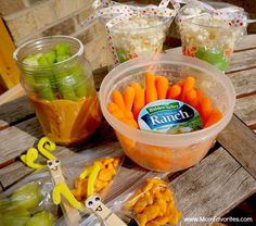 carrots, celery and grapes are in plastic containers on a picnic table