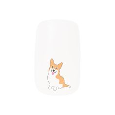 a small dog sticker on the side of a white nail with a brown and white dog