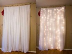 two pictures of curtains with lights on them