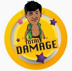 the logo for total damage with a cartoon man in green and yellow shirt on it