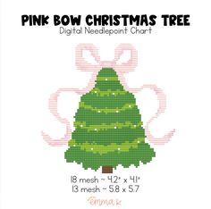 a cross stitch christmas tree with pink bows on it's head and the text, pink bow christmas tree digital needlepoint chart