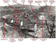 an old black and white photo with red arrows pointing to the different bridges on it