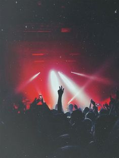 a crowd at a concert with their hands in the air and lights shining down on them