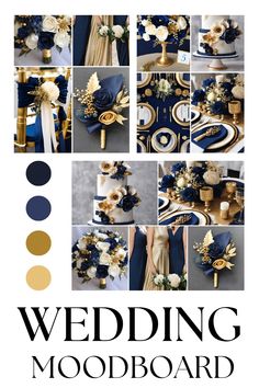 wedding mood board with blue, gold and white flowers on the top right hand corner