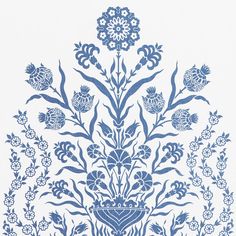 a blue and white wallpaper with flowers on it's side, in the center