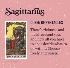 a card with the words sagitans queen of penacles and an image of a