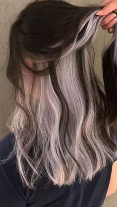 Dark Brown With Blonde Underneath Hair, Brown Hair With Platinum Peekaboo, 2 Tone Hair Dye Ideas, First Time Hair Dye Ideas, Dark Hair Platinum Highlights, Undercut Hair Color, Peekaboo Placement, Peekaboo Highlights Blonde, Bleach Hair Styles