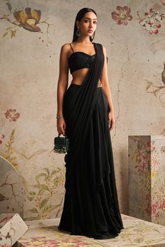 Ridhi Mehra-Diva Black Chiffon Draped Sari And Blouse-INDIASPOPUP.COM Cocktail Outfits Indian Wedding, Sangeet Bridesmaid Outfit, Engagement Guest Outfit Indian, Black Saree Outfit, Black Ruffle Saree, Black Saree Look, Black Saree Party Wear, Black Lengha, Indowestern Outfits