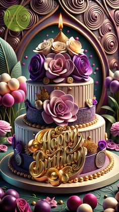 a three tiered cake decorated with purple flowers and gold lettering that says happy birthday