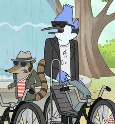 an animated image of a man riding a bike with a racoon on the back