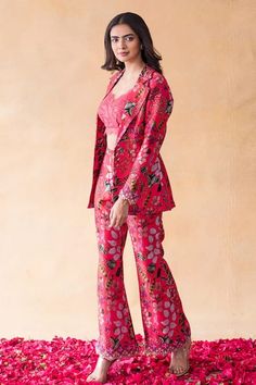 Buy Pink Dupion Silk Print Floral Sweetheart Neck Blazer And Pant Set For Women by Shachi Sood Online at Aza Fashions.