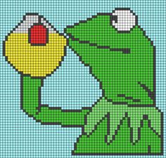 a cross stitch pattern with the image of kermik holding up a yellow object