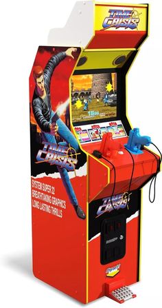 an arcade machine that is red and yellow with the image of a man on it