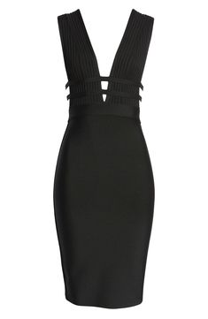 A plunging neckline takes center stage on this curve-accentuating bandage dress that's full of night-out appeal. Plunge neck Sleeveless 95% polyester, 5% elastane Dry clean Imported Sleeveless Bandage Dress For Formal Occasions, Formal Sleeveless Bandage Dress, Stretch V-neck Bandage Dress For Date Night, Bodycon Bandage Dress For Cocktail, Elegant Cutout Bandage Dress For Night Out, Stretch V-neck Bandage Dress For Club, V-neck Bodycon Bandage Dress For Night Out, Evening Bodycon Bandage Dress With Cutout, Stretch Bandage Dress With V-neck For Evening