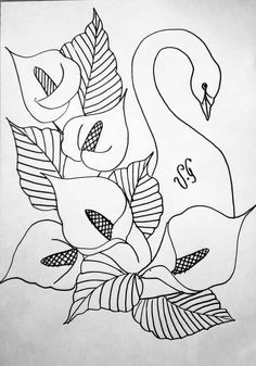 a black and white drawing of a swan with flowers