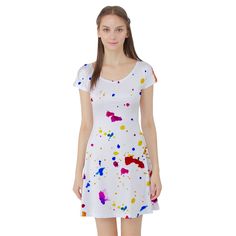 Multicolor Splatter Abstract Print Short Sleeve Skater Dress Painted Paper, Paper Texture, Abstract Print