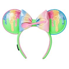 When it comes to cool ear headbands, we've got the scoop. Inspired by the popular shaved ice dessert found at the Disney Parks, this simulated leather design features ears sparkling with colorful ''melted ice.'' Looking good enough to eat with its shiny bow and attached spoon, it'll make you hunger for your next trip to the Parks. Stitch Ears, Disney Eats, Disney Minnie Mouse Ears, Minnie Mouse Ears Headband, Leather Headbands, Disney Handbags, Snack Attack, Mouse Ears Headband, Disney Addict