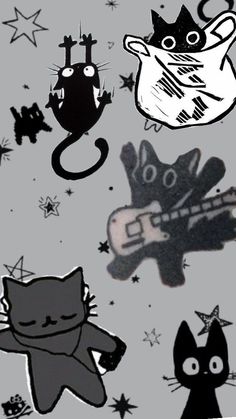 black and white cats are flying through the air with stars in the sky behind them