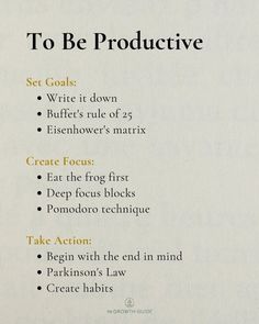 a menu with the words to be productive on it