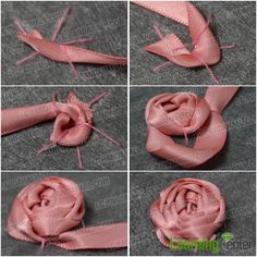 four pictures showing how to make a flower with ribbon and thread in the process of making an origami rose