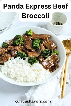 a white bowl filled with beef and broccoli on top of rice next to chopsticks